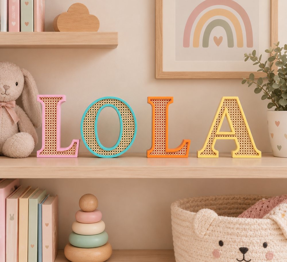 Letras LOLA impresas en 3D con trama de ratán en rosa, turquesa, naranja y amarillo sobre una estantería infantil